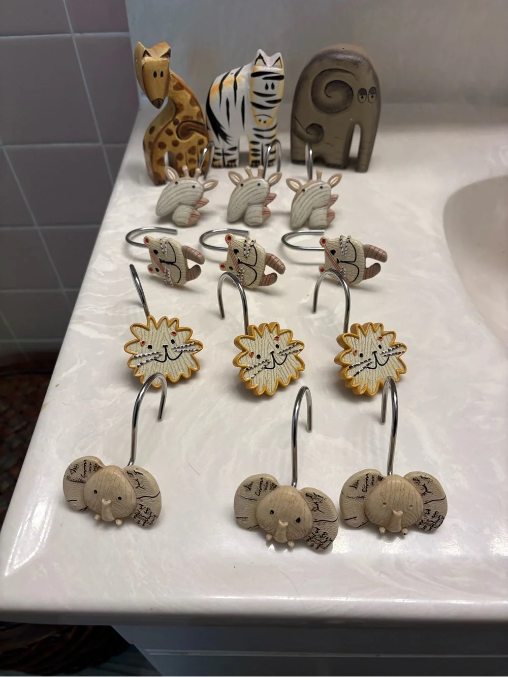 Cute Safari Animal Crackers Shower Curtain with coordinating hooks, 3 figurines